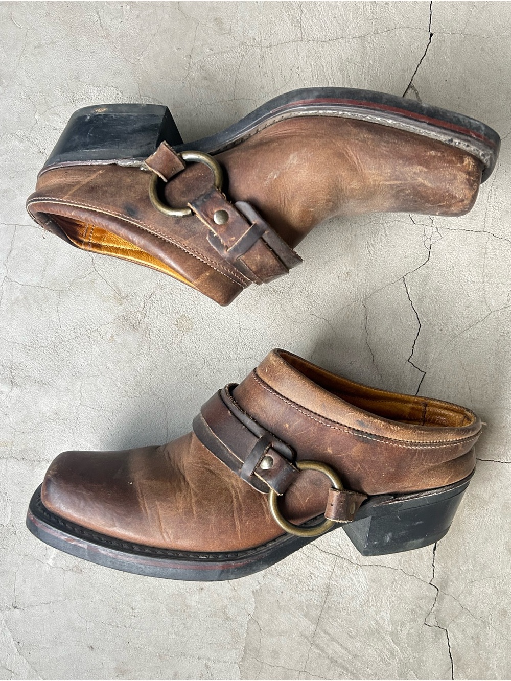 Frye Brown Leather Open-Back Mules with Brass Ring Detail